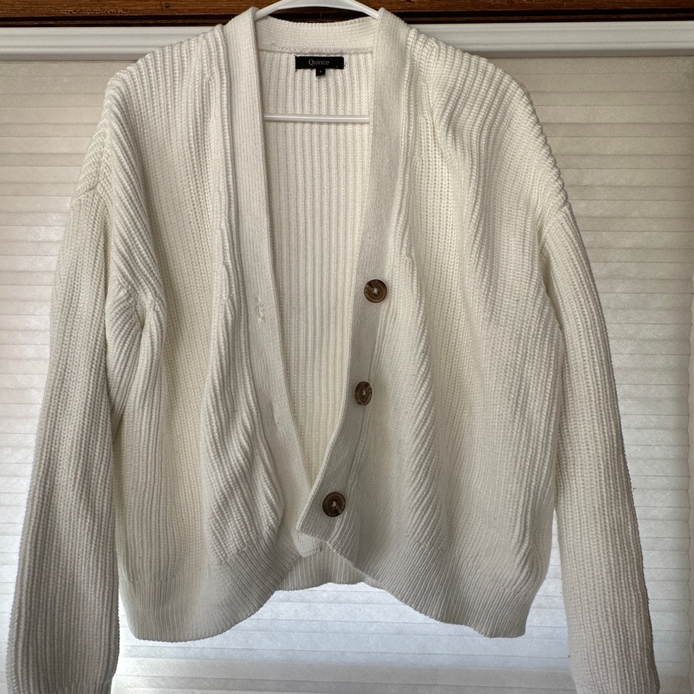 Quince White Ribbed Button-Front Women's Cardigan Sweater